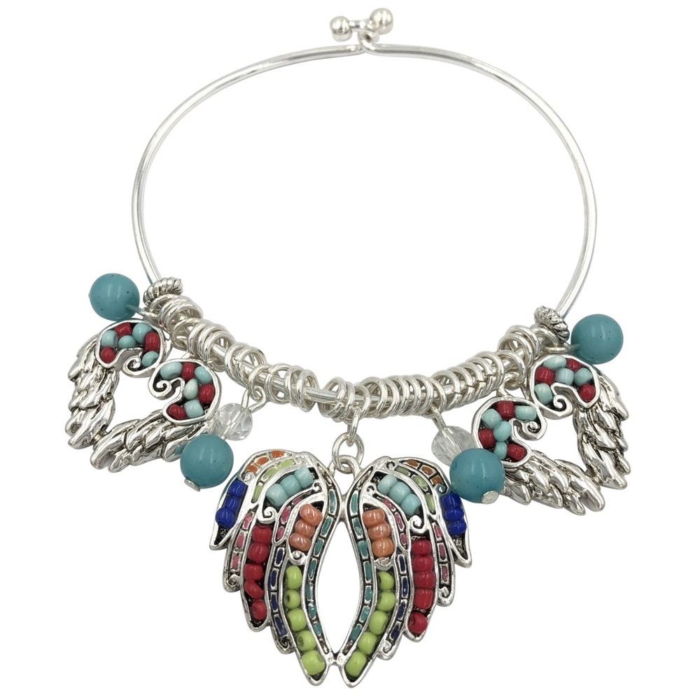 Angel Wing Heart Bead Inlay Dangle Charm Wire Hook Bangle Bracelet